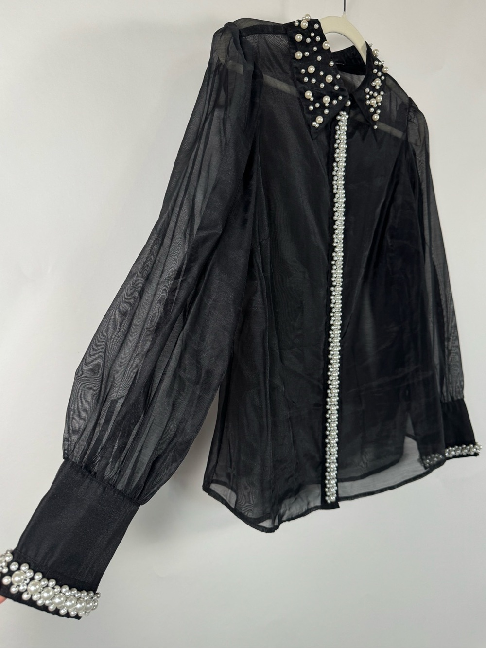 Boston Proper Black Sheer Pearl Embellished Button Down Blouse LG Goth Romantic - Picture 5 of 13